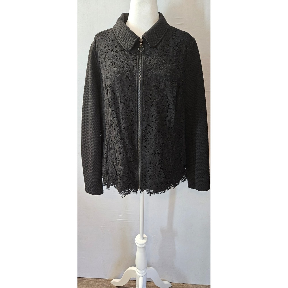 Isaac Mizrahi Live Women Black Lace Quilted Mixed Media Zip Front Jacket 2X